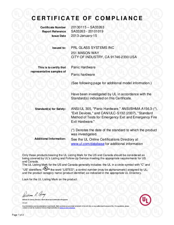 PRL Panic Device UL Certificate of Compliance